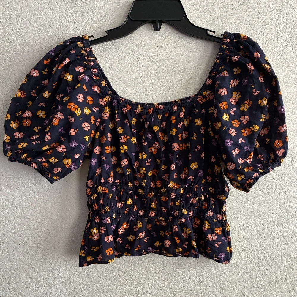 Madewell  Puff-Sleeve Square Neck Smocked-Waist in Aloha Floral Crop Top S